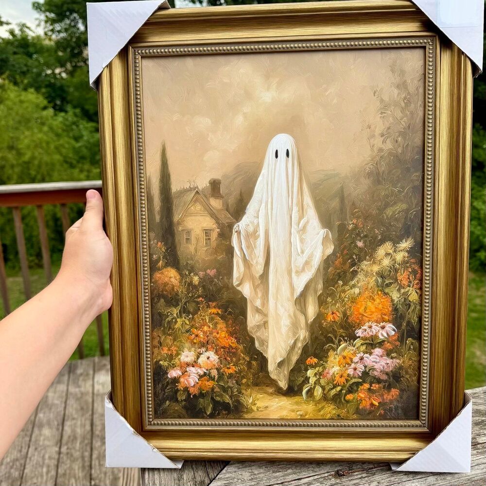 NEW Framed Halloween Gothic Ghost In Flower Garden Cottage House Wall Art 19x15”